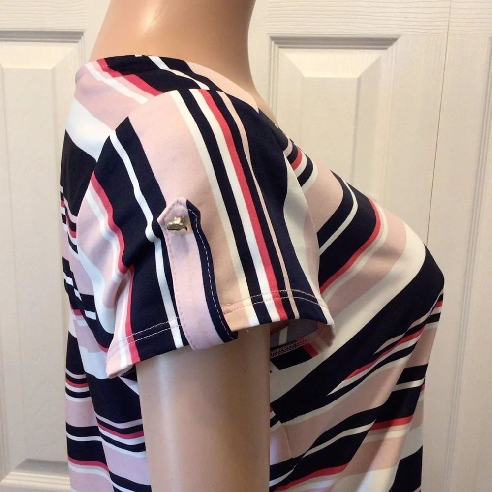 NWOT Roz & Ali Womens Pink/Blue Striped Short Sleeve Quarter Zip Top Size Medium